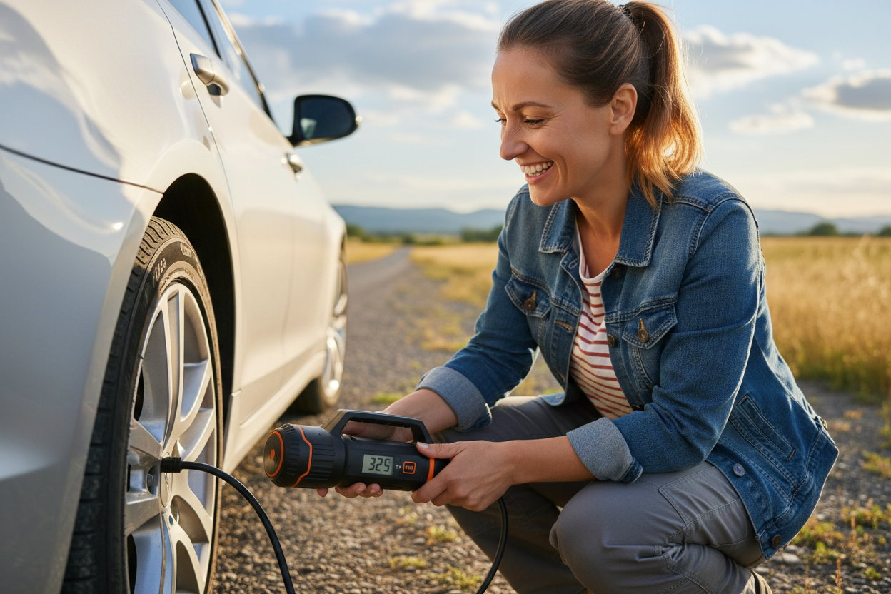 Personne soulagée gonflant sa voiture